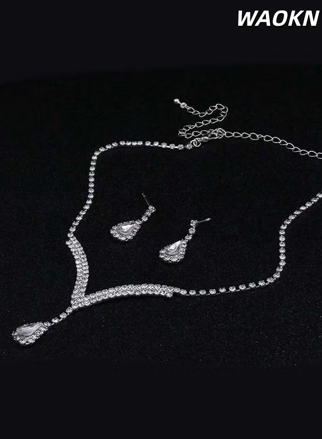WAOKN 2 Piece Jewelry Set of Necklace and Earrings Shiny teardrop shape Diamond Chic Rhinestone Decor Jewellery Set , suitable for Women , Ladies , Gift for Girlfriend Wife Mother Bridesmaids Wedding Party Accessories , unisex , silvery. - Image 2